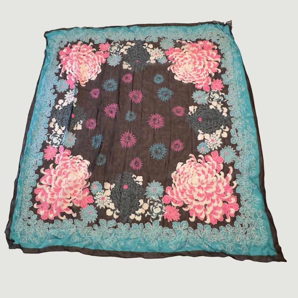 Floral Chrysanthemum Scarf Pink Turquoise Black Square Large 40x40 Botanical Boh